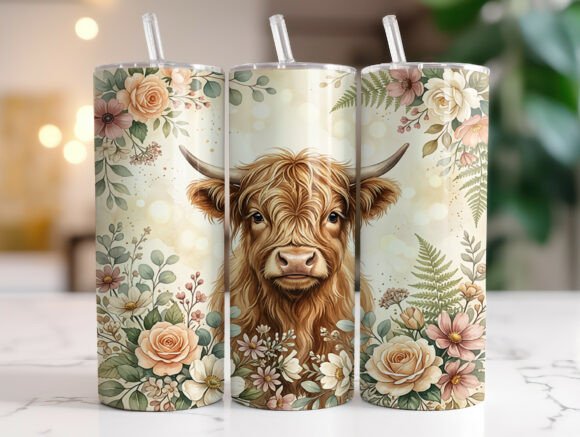 Boho Highland Cow Flowers Tumbler Wrap