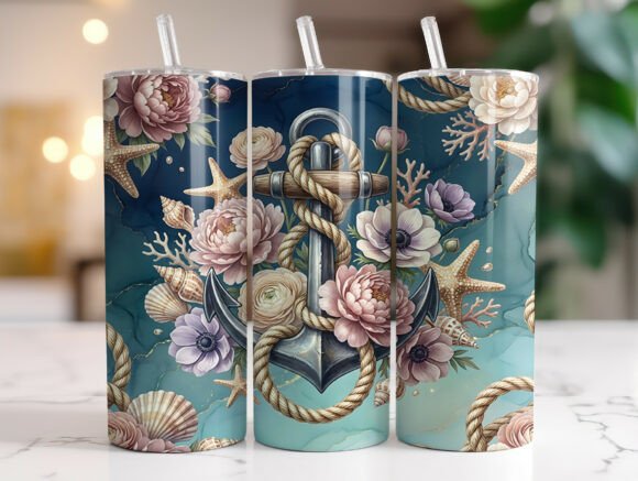Coastal Anchor Floral 20 Oz Tumbler Wrap