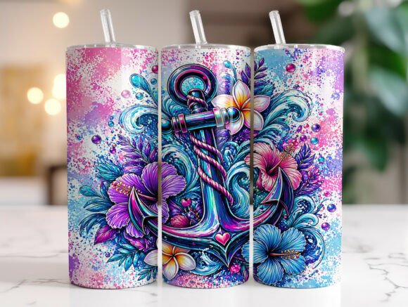 Colorful Nautical Floral Anchor Tumbler