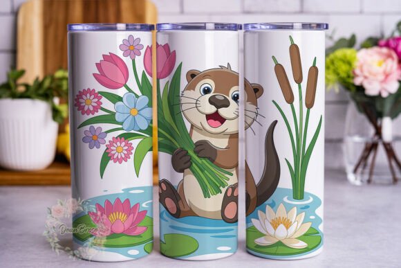 Cute Otter Water Lily Tumbler Wrap PNG