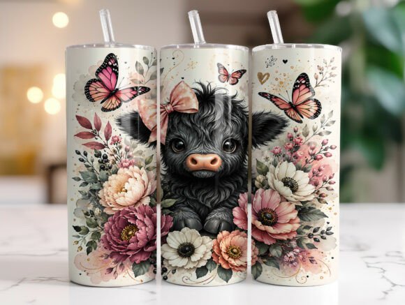 Floral Highland Cow 20 Oz Tumbler Wrap