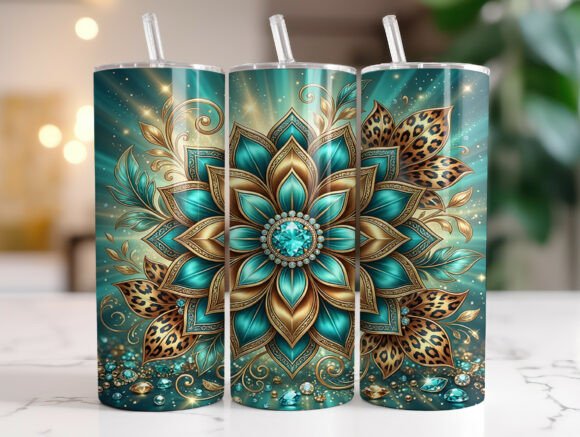 Luxury Teal Gold Floral Leopard Tumbler