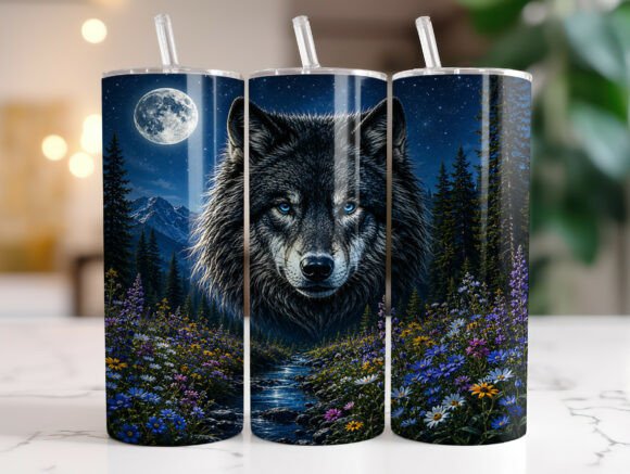 Moonlit Wolf Wildflower 20oz Tumbler PNG