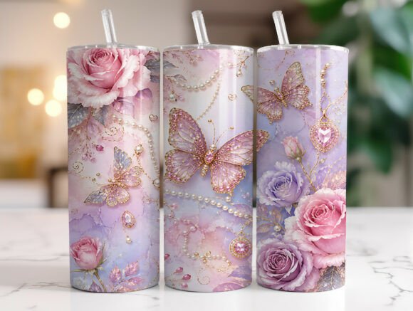 Pink Butterfly Pearl 20oz Tumbler Wrap