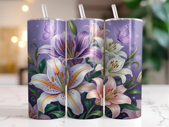 Purple Lily Butterfly Floral Tumbler PNG