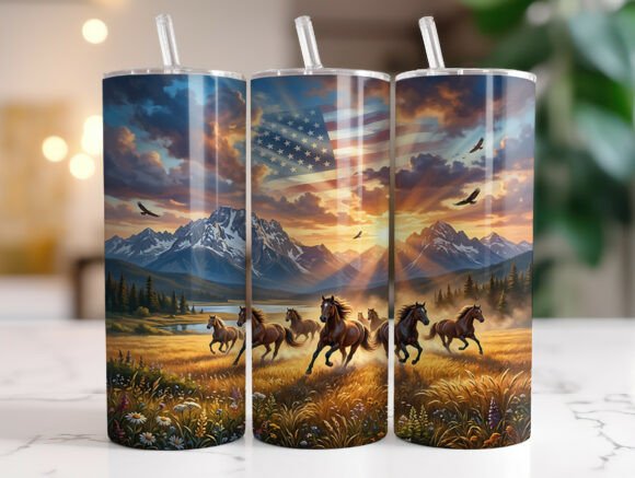 Running Horses American Flag Tumbler PNG