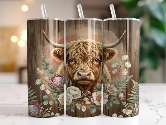 Rustic Highland Cow Floral Tumbler Wrap