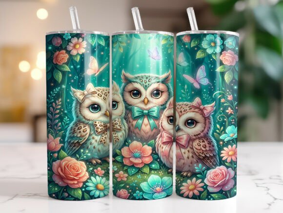 Teal Floral Owl Bow 20oz Tumbler Wrap