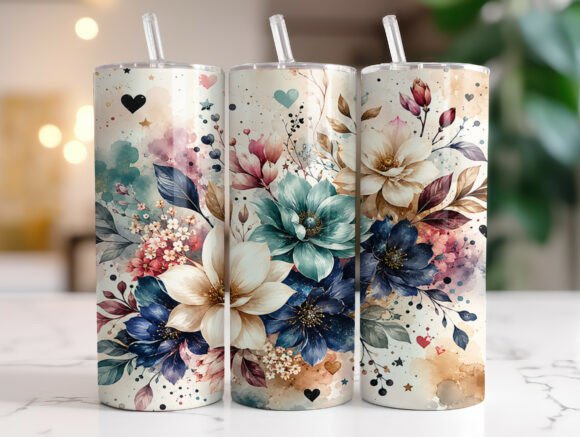 Teal Navy Floral 20oz Tumbler Wrap PNG